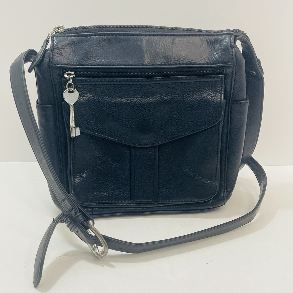 Fossil 1954 Crossbody Purse Black Pebbled Leather Shoulder Bag With Key 75082